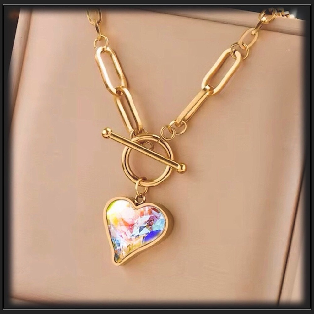 New AB Crystal Heart Borealis Prism Minimalist Paperclip Chain Necklace